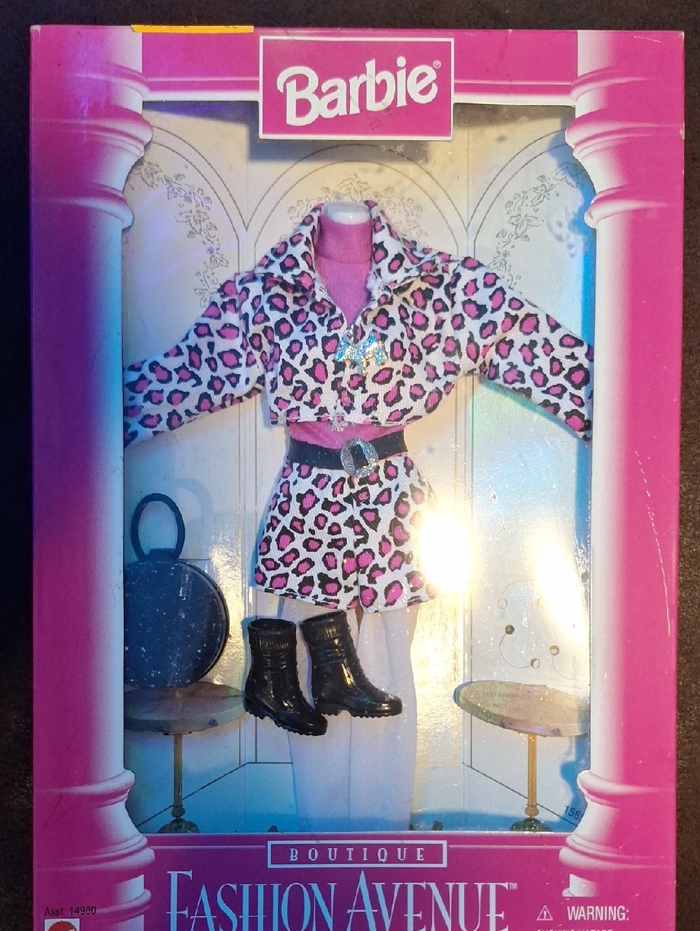 Vintage Barbie Pink Leopard Print Coat & Skirt Set with Black Accessories